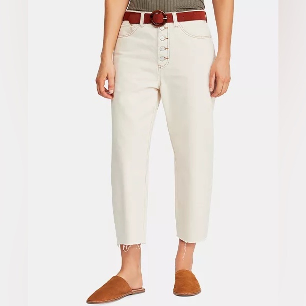 Free People We The Free Barrel Jeans Cream High Rise Button Fly Size 28